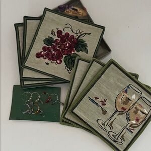 Vintage Martini & Rossi Wine Charms and 6 hand painted linen coasters